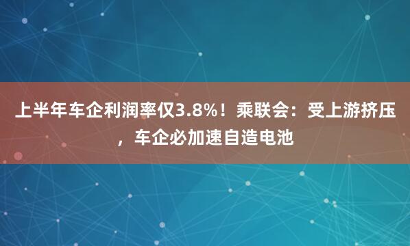 上半年车企利润率仅3.8%！乘联会：受上游挤压，车企必加速自造电池