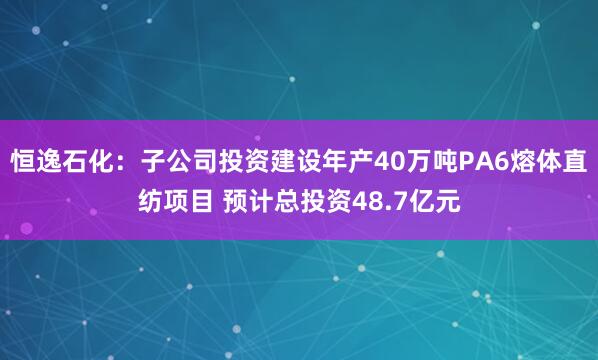 恒逸石化：子公司投资建设年产40万吨PA6熔体直纺项目 预计总投资48.7亿元